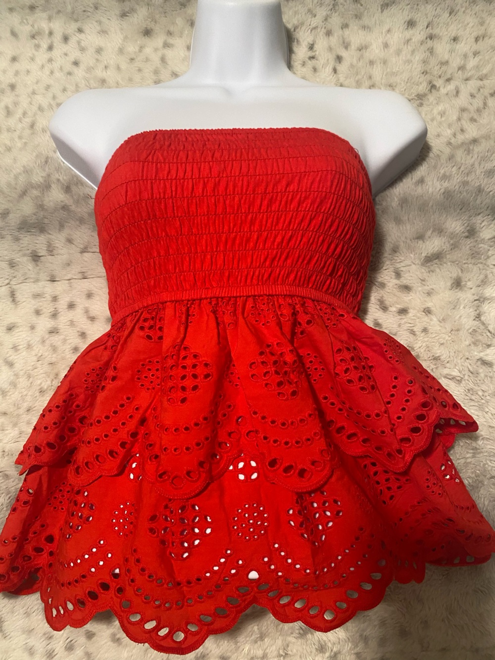 Red Eyelet Smocked Strapless Dress